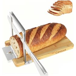 Adjustable Bamboo Bread Slicer with Serrated Knife and Foldable Cutting Board