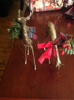 Vintage set 2 brass deer , buck reindeer figurine, mid century