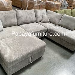 New! Plush Gray Sectional, Sectional And Storage Ottoman, Sectionals, Sofa, Couch, Gray Couch, green Couch, Corduroy Sectional, USB Charger Sofa Dimen