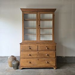 Antique Pine Hutch With Glass Doors 