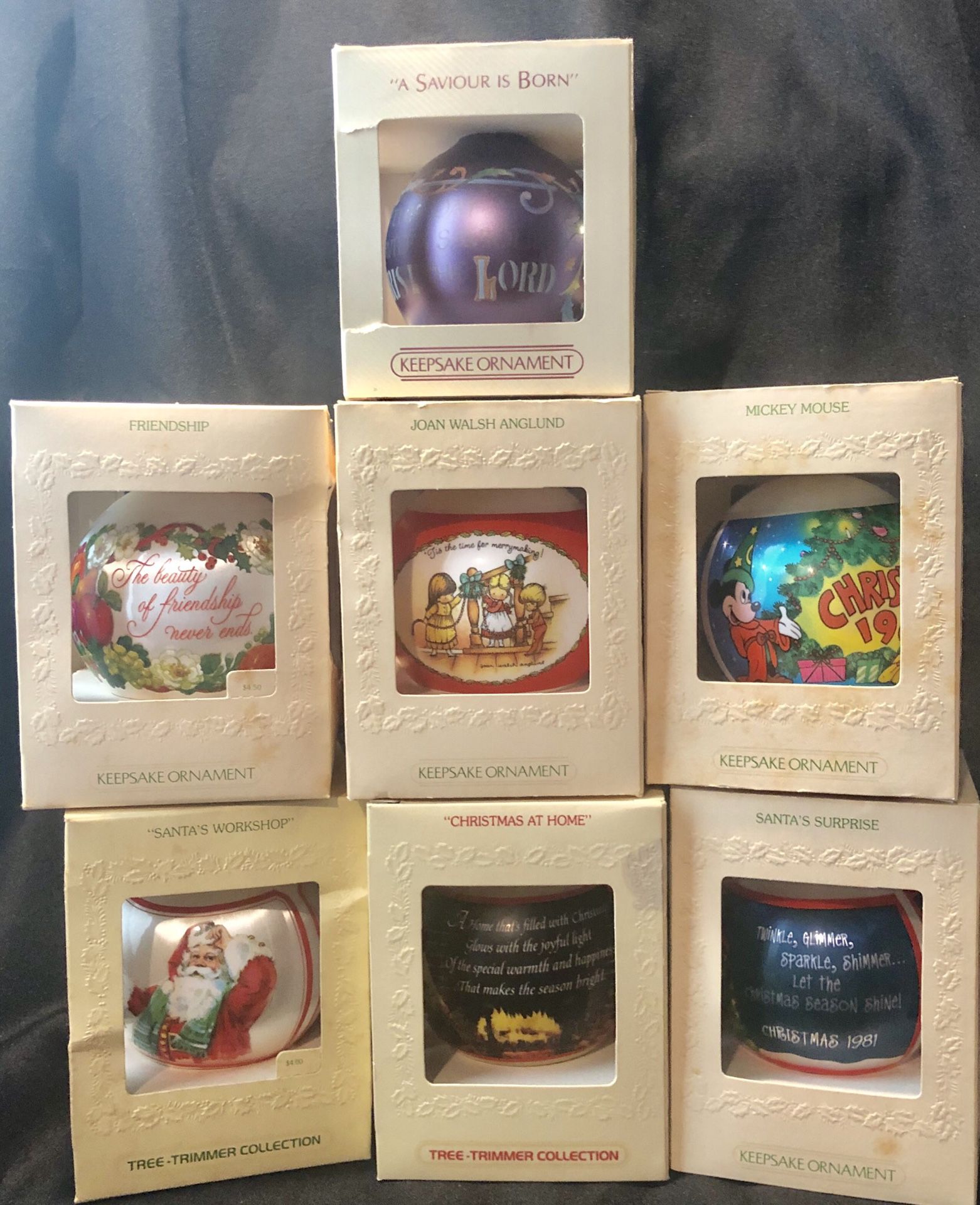 Vintage 1980s Christmas Ornaments by Hallmark, Keepsake Collectible Glass Ornaments in original boxes
