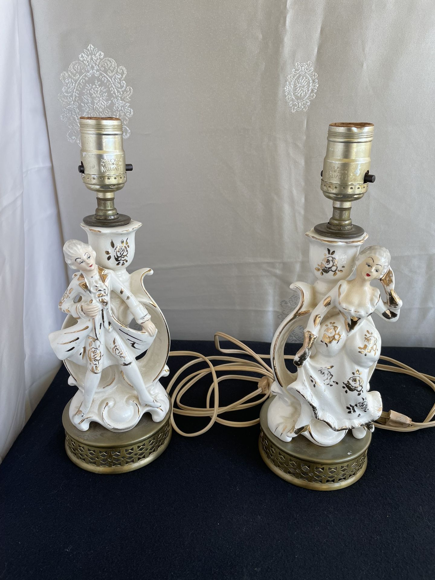 Vintage 1940 Colonial Man & Woman Porcelain with Gold Rose Gold Trim MCM Table Lamp Set.