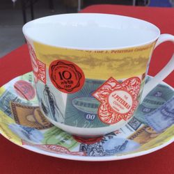 Tea Cup And Saucer - NEW J. Peterson Co. Fine Bone China, TRAVEL Theme, VINTAGE 2001