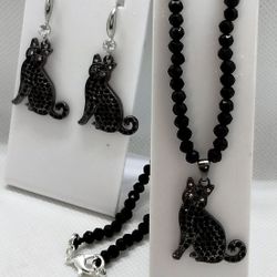 Good Luck Black Kitty Necklace, Earrings Set 