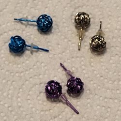 Earrings: blue, silver, green balls, set of 3 