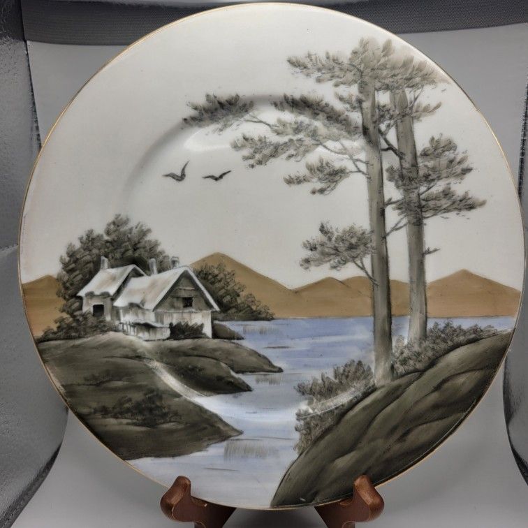 Hand Painted Victoria Austria 9.75" Porcelain Plate Lake Cabin Scene Trees Birds
