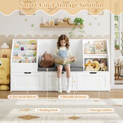 55.1’’ Kids Bookshelf with Reading Nook, Toy Storage Organizer with Seat Cushion and 3 Movable Drawers, Kids Reading Nook Toy Organizers and Storage w
