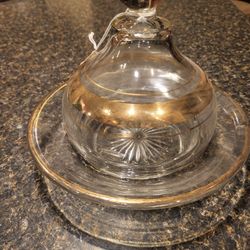 Cheese tray clear glass gold edging with lid