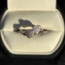 Jewelry 10k solid white gold diamonds 0.1CTW double heart ring sz 7.00