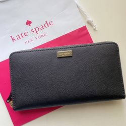 Kate Spade Long Zip Around Wallet In Black Leather NEW