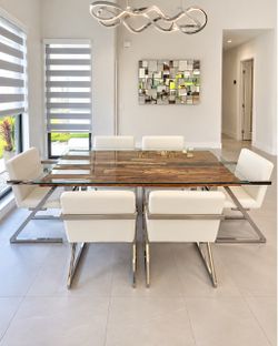 Modani Modern Dining Set – Glass/Wood Table + 6 White Chairs