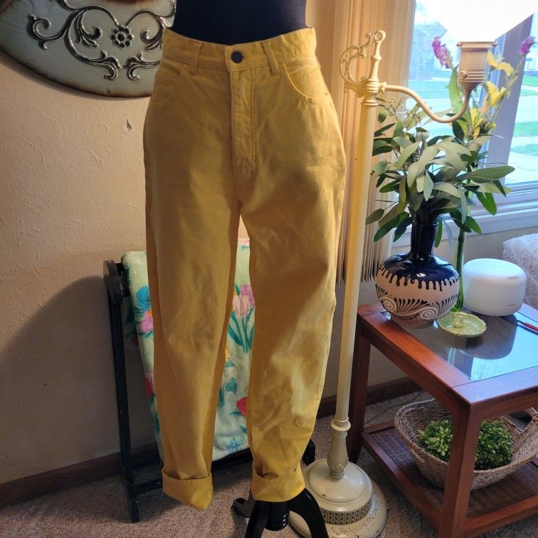 Vintage Ladies Paris Sport Club Yellow Denim High Waisted Skinny Jeans Sz 7