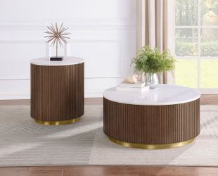 Jason Honey Brown/White Marble 2-piece Round White Marble Coffee Table Set