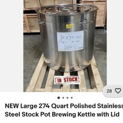 NEW Large 274 Quart Polished Stainless Steel Stock Pot Brewing Kettle with Lid