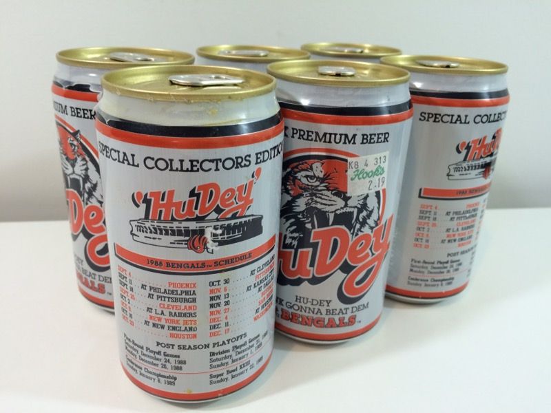 1 - 6 pk. Hu Dey Bengals AFC Champs Superbowl XXIII Hudepohl Beer Cans 1989