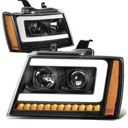 DNA MOTORING HL-HPL-CSA07-BK-AM LED DRL Sequential Turn Signal Projector Headlight Headlamps Compatible with 07-13 Avalanche, Black/Amber