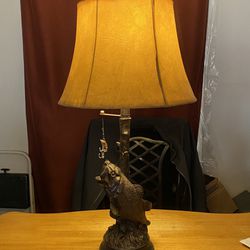 Large Mouth Bass Lamp Hand Carved With Deer Hide Shade. 