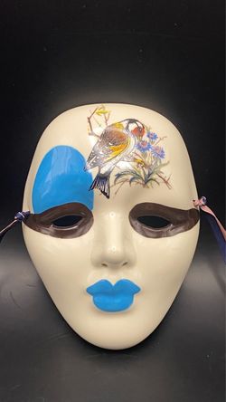 VTG Ceramic Mask New Orleans, LA. Hand Painted & Signed. Florals & Bird. Original Navy & Rose Ribbon