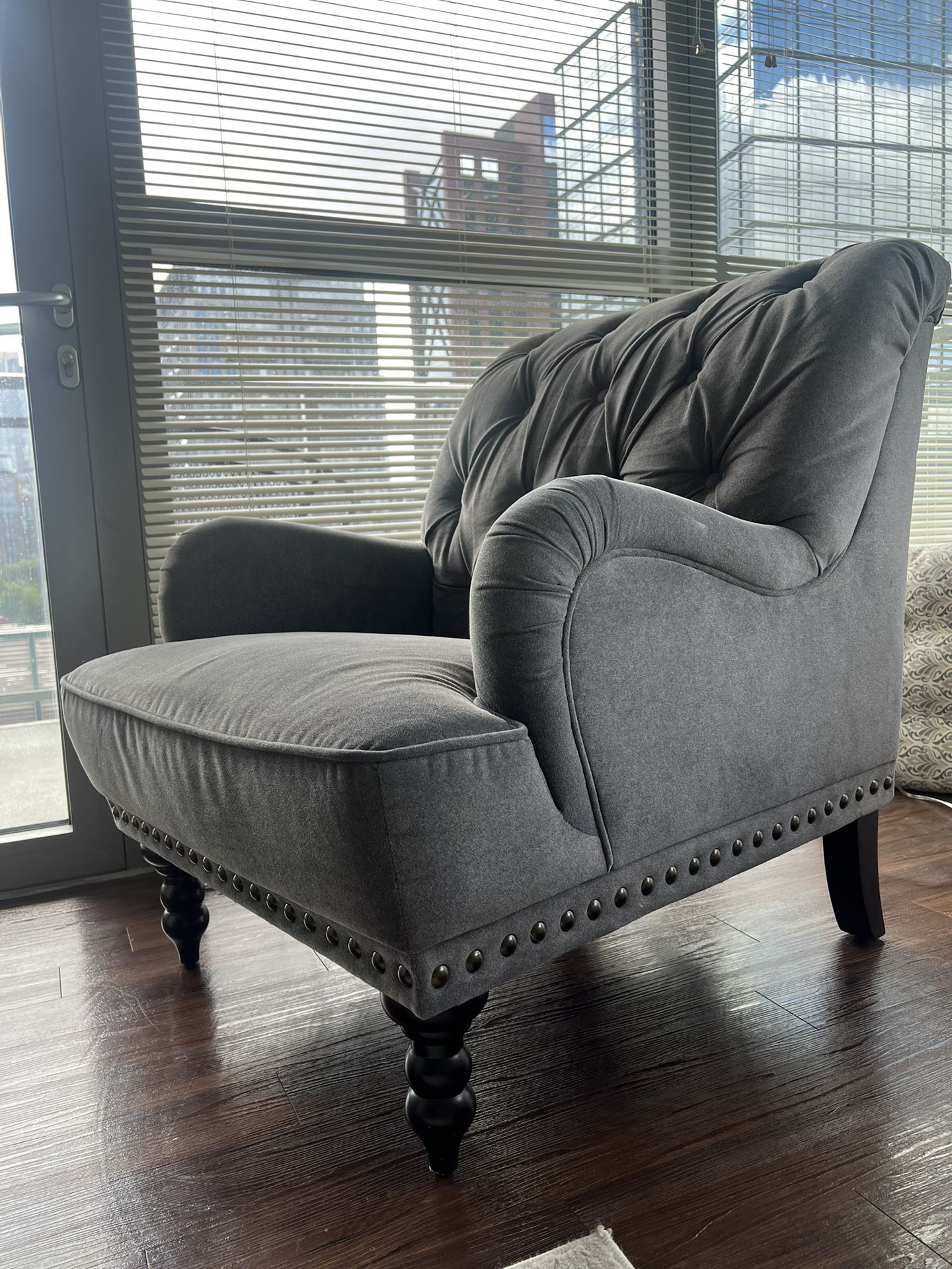 Tufted Gray Accent Chair with Nailhead Trim