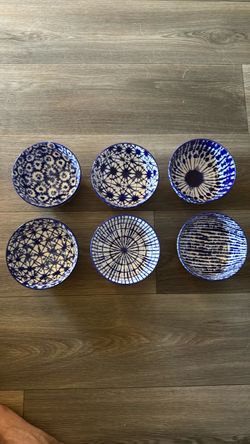 Set of 6 Stoneware Blue Bowls, 6”, Each w/ a Unique Design