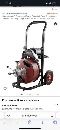 80Ft x 1/2” 250-Watt Electric Commercial Sewer Snake Drill Drain Cleaning Machine Reinforced Cable 4-Cutter Auto Feed Pipe