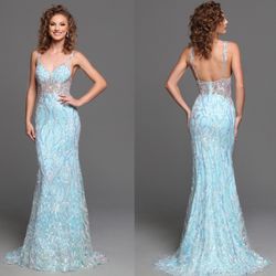 New With Tags Ice Blue Glitter & Sequin Corset Bodice Long Formal Dress & Prom Dress $199