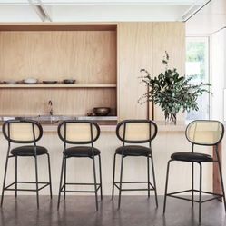 24 in. Black Rattan Counter Height Bar Stools with Faux Leather Seat