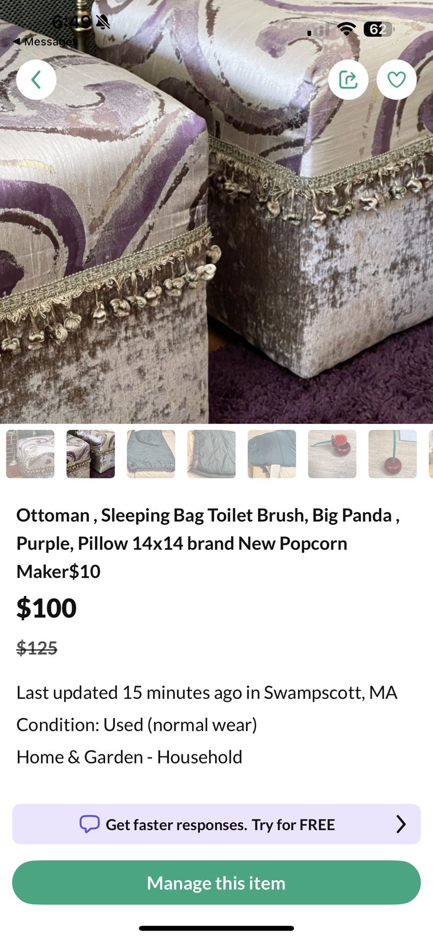Ottoman , Sleeping Bag Toilet Brush, Big Panda , Purple, Pillow 14x14 brand New Popcorn Maker$10