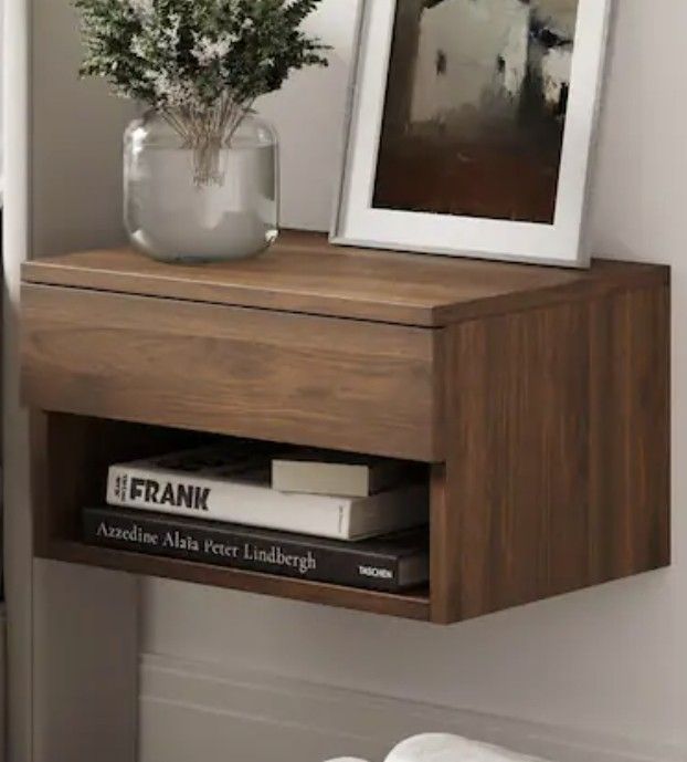 Dark Walnut Brown Rectangle Wood End Table Nightstand Side Table with Storage Drawer Open Shelf Cubby