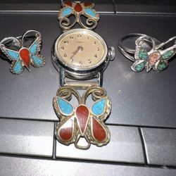 Vintage Navajo Rings And Watch Band With Timex Watch