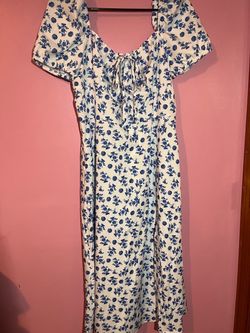 Blue Floral Midi Dress with Puff Sleeves