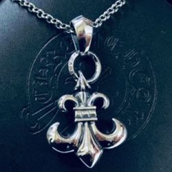 Vintage Chrome Hearts Style Fluer Di Li Silver Plated Pendant (1” x 1”) wit h 24” Link Chain Necklace