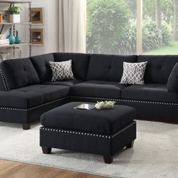 BLACK REVERSIBLE CHAISE SECTIONAL SOFA WITH OTTOMAN 