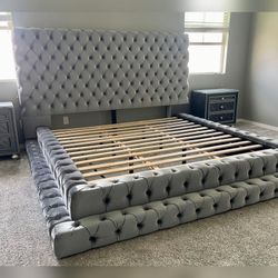 Gray button tufted flannelette platform step up King bed frame