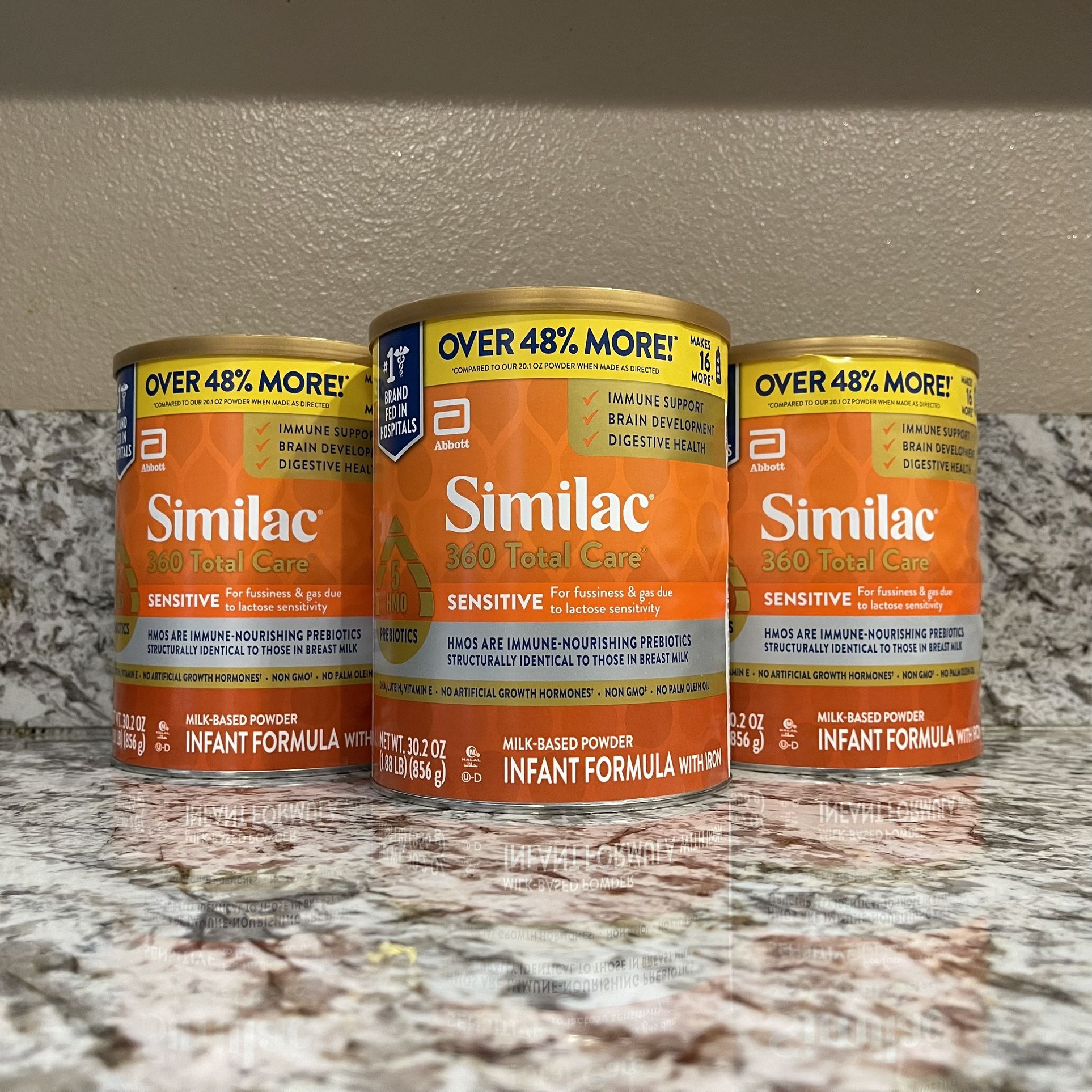 3 LARGE CANS Similac Total 360 Sensitive 48% More FREE/48% Mas Gratis