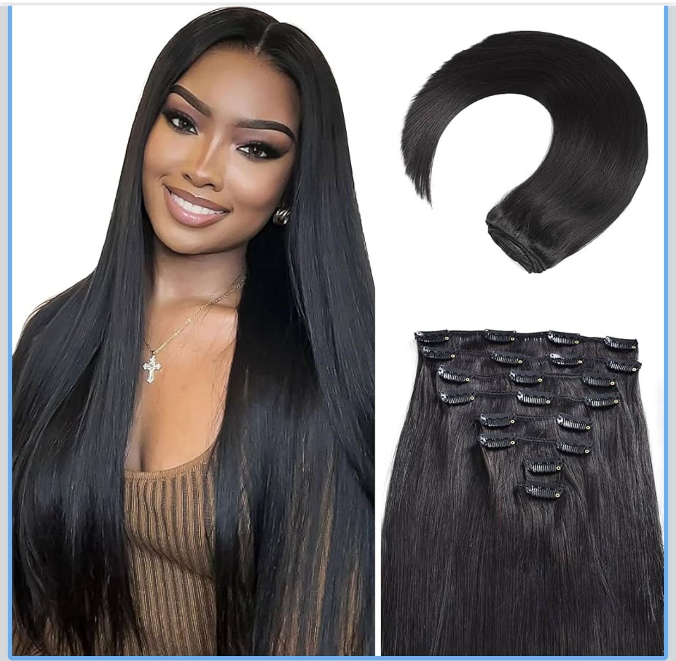 NEW 20” Real Human Hair Clip-in Extensions – 1B Natural Black, Invisible Seamless 💕