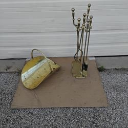 Nice Brass Fireplace Accessories With Log Carrier, Shovel, Broom, Stroker, Log Clamps. Like New. 
