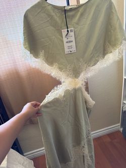 Zara Sage Green Lace Trim Midi Dress