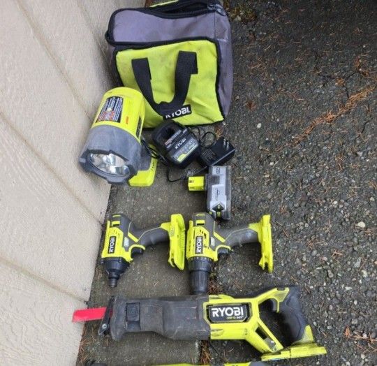 RYOBI 18V SET , DRILL , IMPACT DRIVER, SAWZALL CHARGER AND 18V 4AH BATTERY