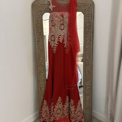 Red And Gold Gown With Shawl 