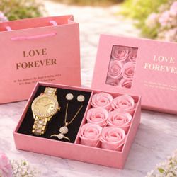 Luxury Pink/Red Rose Jewelry Gift Box with Watch, Necklace, Earrings & Ring – Carry Bag Included