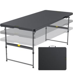 Folding Table 6ft, 3 Heights, One-Handed Height Adjustment, Gravity Lock, Carry Handle, Indoor Outdoor Heavy Duty Fold-in-Half Portable Utility Table,