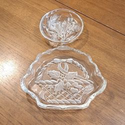2PC Combo Of Mikasa Poinsettia Basket Etched Candy Dish & Tulip Design W/Gold Rim Trinket Dish, Lalique Style
