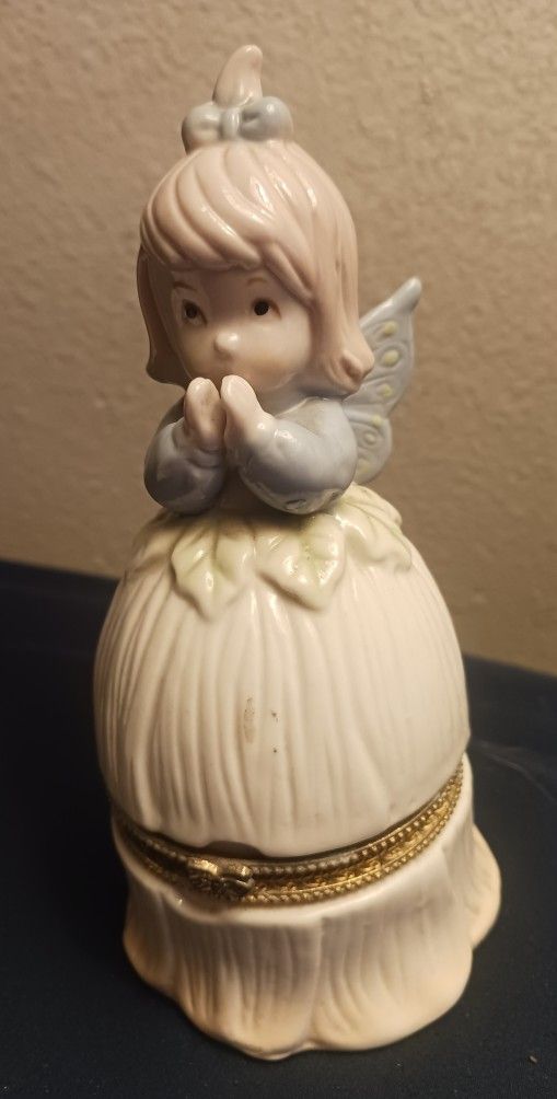 Vintage Porcelain Angel 5.5" keepsake jewelry ring trinket tooth fairy hinged jar