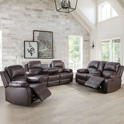 Reclining set 3pc Brown  Bonded leather