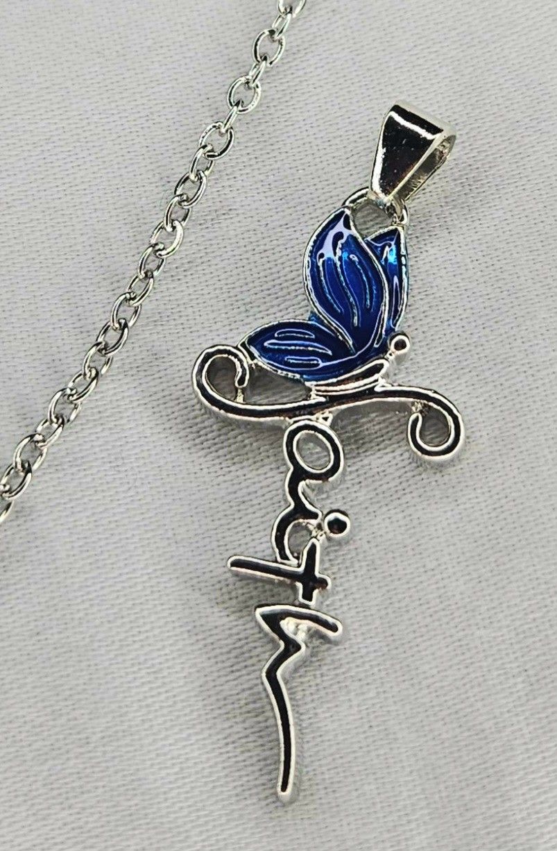 Faith Blue Butterfly Religious Cross Pendant And Silvery Chain Necklace