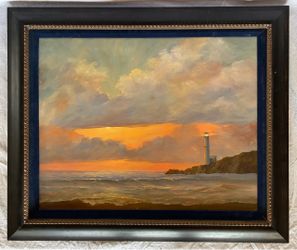 Original Oil Painting - Sunset Seascape Lighthouse - Large Frame 32x38”