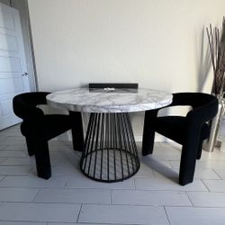 Modern Marble Dining Table With Upholstered Velvet Chairs Set