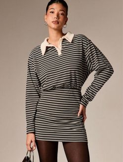Striped Polo Collar Long Sleeve Mini Dress