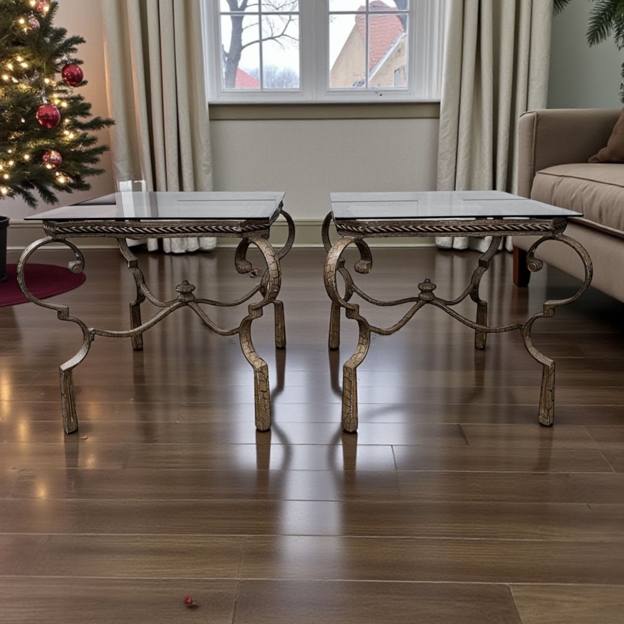 Pair Of Vintage Iron And Glass End Tables